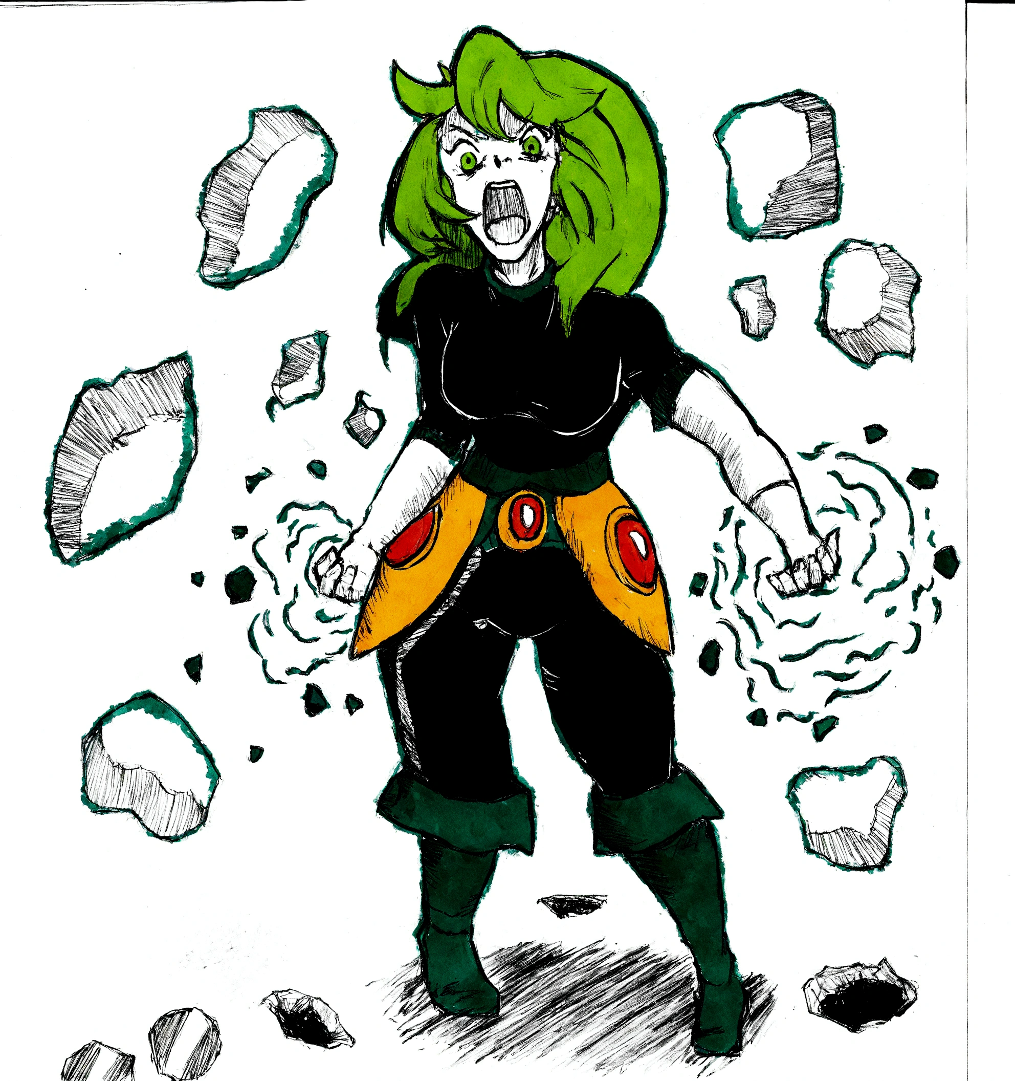 um desenho de uma mulher com cabelo verde e camisa preta, garota saiyajin, uma guerreira loira esmeralda, tela colorida, shaded cell!!!, ela tem poderes de fogo, inspirado em Leiko Ikemura, Tatsumaki, colorido digitalmente, cel - estilo de arte sombreado, desenho colorido de alta qualidade, indo super saiyan, lineart colorido