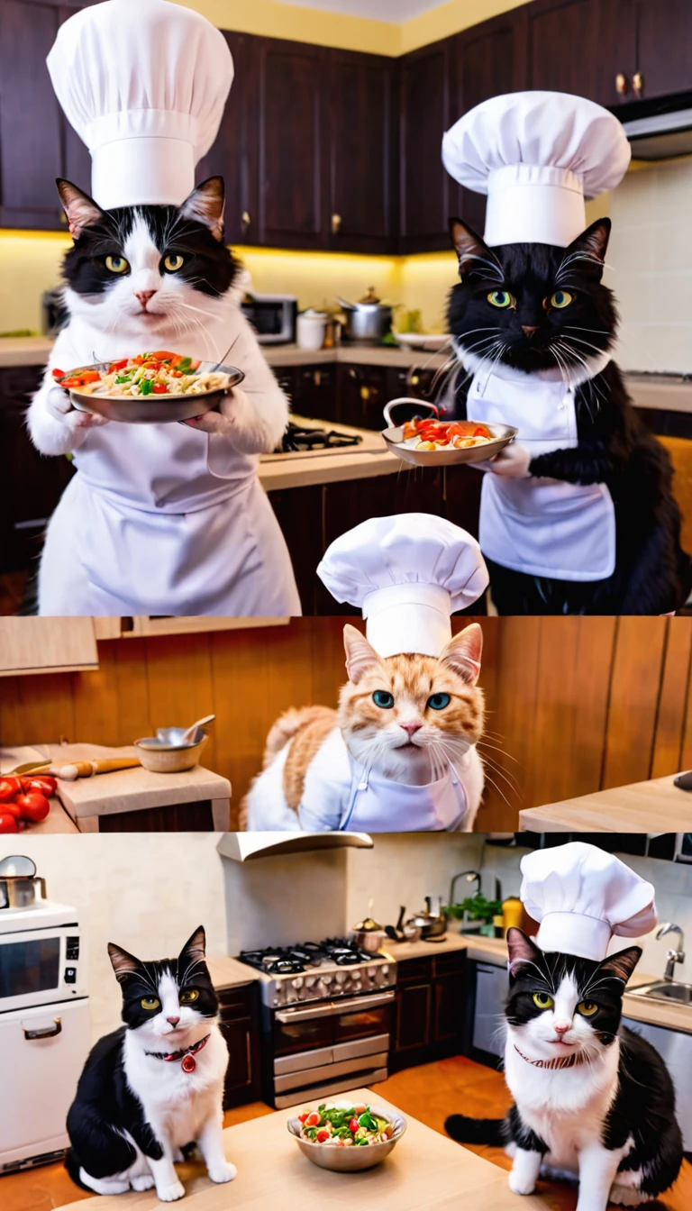 Four cats hosting a cooking show in a miniature kitchen, with one as the host, two as assistants, and the fourth as a taste tester with a tiny chef hat