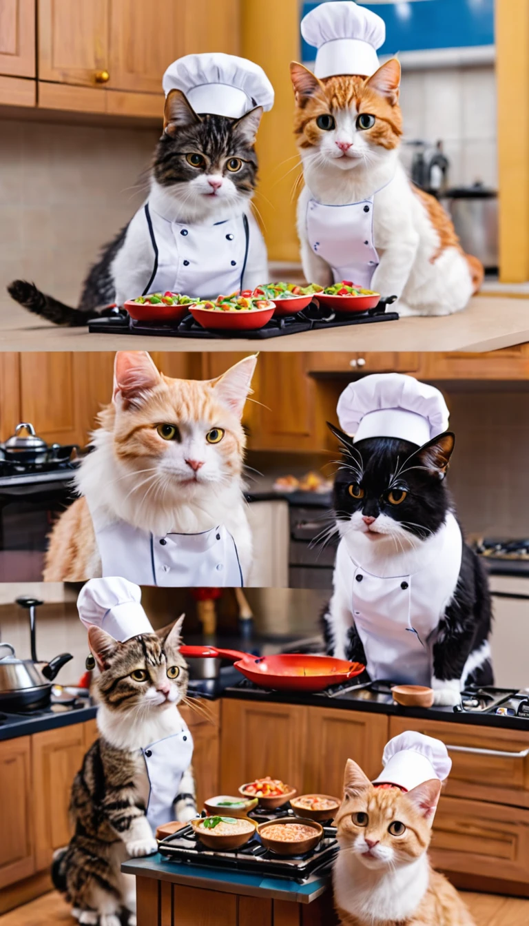 Four cats hosting a cooking show in a miniature kitchen, with one as the host, two as assistants, and the fourth as a taste tester with a tiny chef hat
