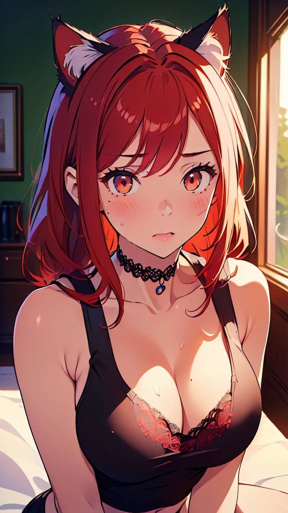 (masterpiece:1.6),(absurdres:1.2),(ultra-detailed:1),(High quality:1.4),(best quality:1.4),(beautiful busty breasts:1.3),(beautiful face:1.3),(beautiful woman:1.3),(wariza:1.2),(bright red hair:1.4),medium hair,a mole around the mouth, (sweat:1.1),(aroused:1.2),(embarrassed:1.2),(blush:1)(black tank top:1.3),(close-up:1.2),(lace choker:1.1),(cat ear bandage:1.2),on bed