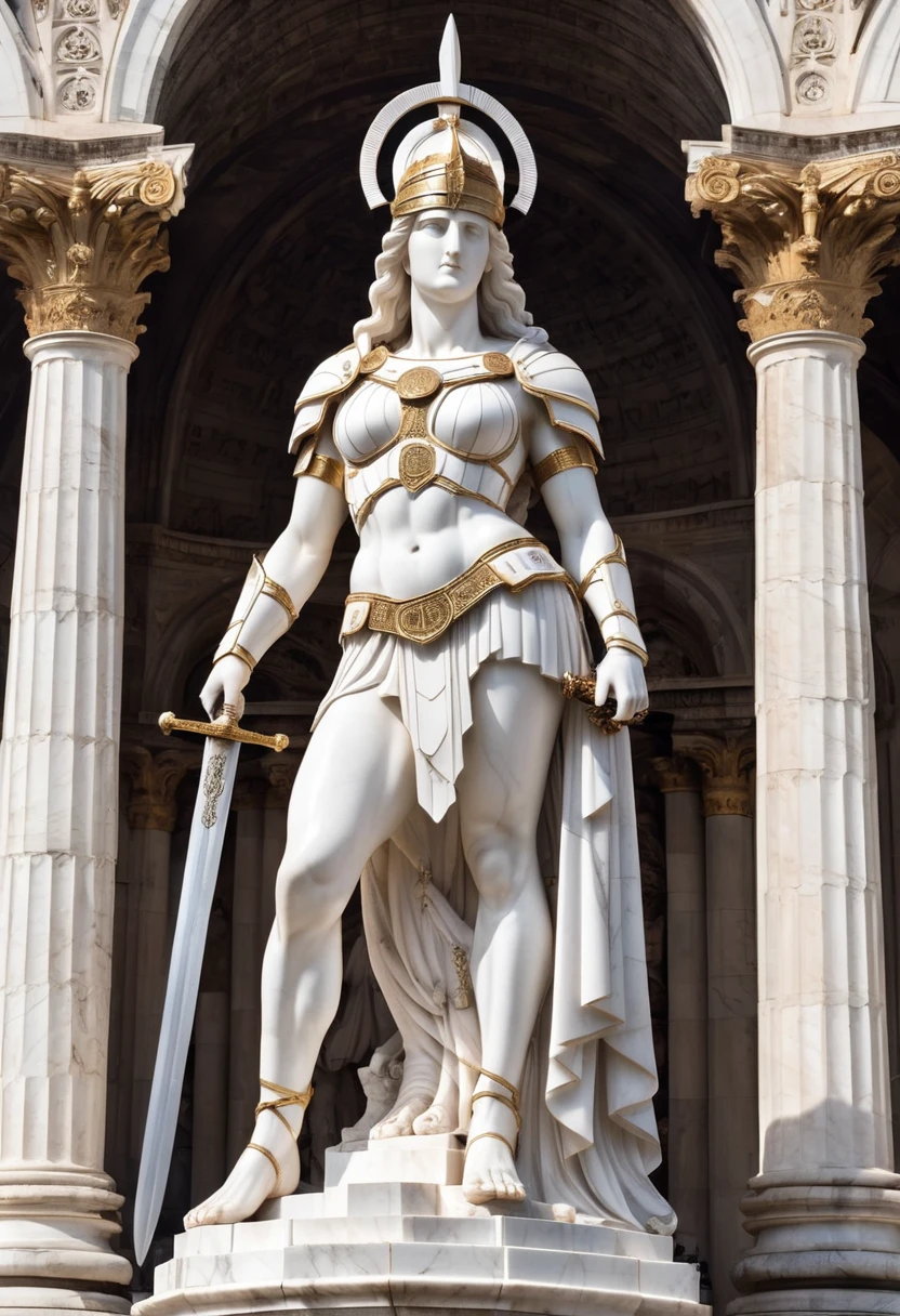 The huge gothic temple. A realistic Greek white marble statue , armor-clad goddess, ((leaning on a two-handed sword))