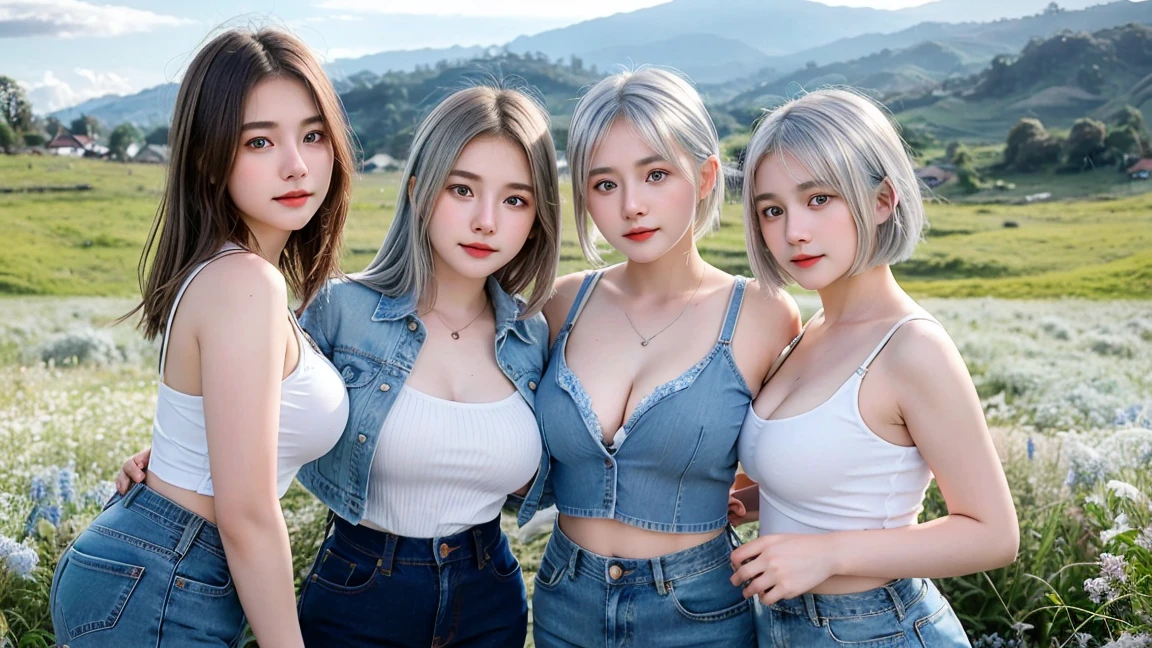 (4 Girls), Indonesian baby face, 20 years old,short hair, white skin, big breast, blue eyes, meadow, silver hair, 8k, The details are very realistic..., There is a lot of light..., The best of taking photos wearing jeans.(3 girls)