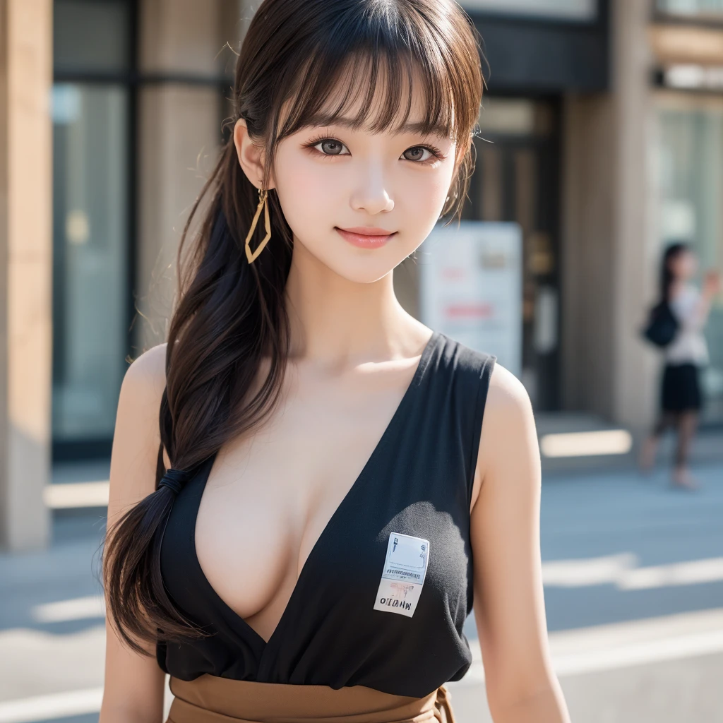 One Girl, (beautiful girl, Delicate girl:1.3), (14 years old:1.3), break, Exceptional clarity, (Symmetrical eyes:1.3), break, (Street Snap:1.3), perfectly trimmed fingers, break, Large Breasts, Brown eyes, Parted bangs, Brown Hair, break, (Eye and facial details:1.0), break, (masterpiece, Highest quality, Very detailed, Detailed face, 8k)、Highest quality、Beautiful woman、She is wearing a sleeveless black top and a drawstring skirt.、A shy smile、Solar Illumination、Long Hair、Browsing Caution、ponytail、Adult、Black hair tie、Angle at which the hair tie can be seen、Long Hair