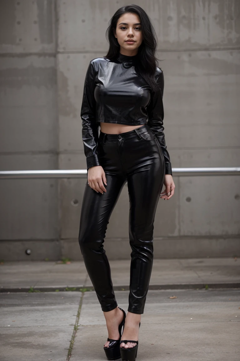 Full body perfect image, 20 years old, curvy Black hair very stunning cute face with makeup, dressed in black leather pants, standing with high heels.