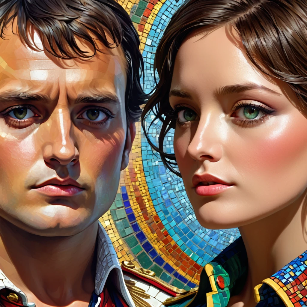 concept art mosaic, lass, face close up, wearing multicolored shirts, . Digital Artwork, exemplary, conversationally, matte painting, very detailed, Napoleon
