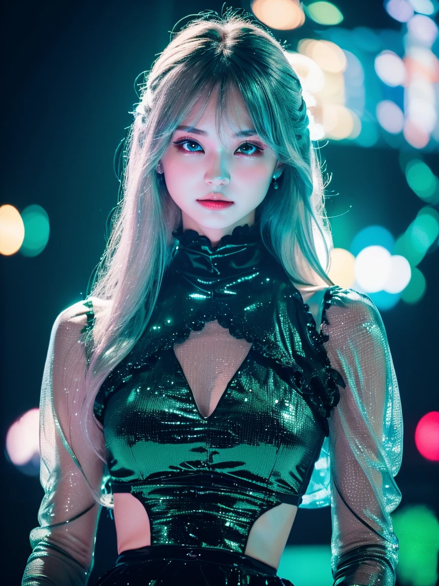 Polychromatic, 1 girl, night, dark, Gray hair,(Delicate eyes), Looking at the audience, Upper Body, Live audience, Limited color palette, black background,Shiny blue-green,