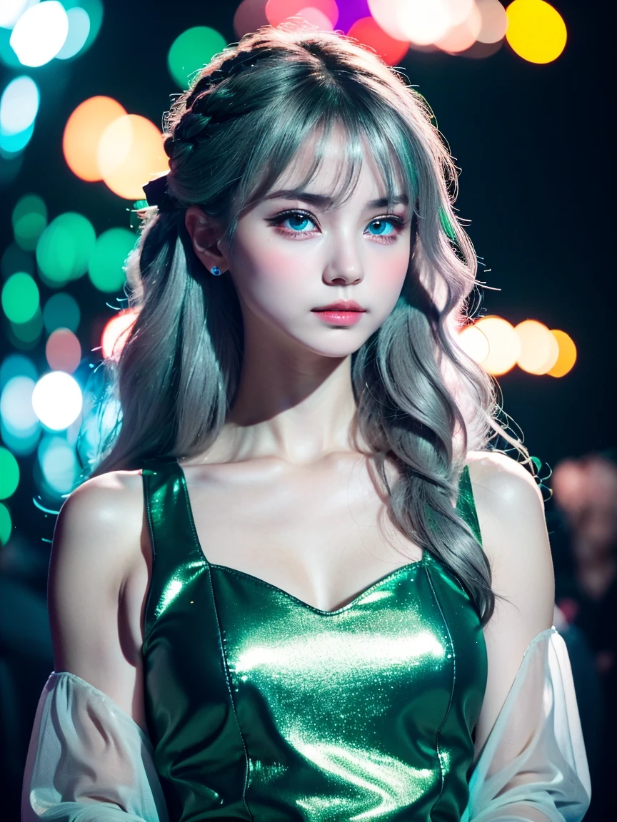 Polychromatic, 1 girl, night, dark, Gray hair,(Delicate eyes), Looking at the audience, Upper Body, Live audience, Limited color palette, black background,Shiny blue-green,