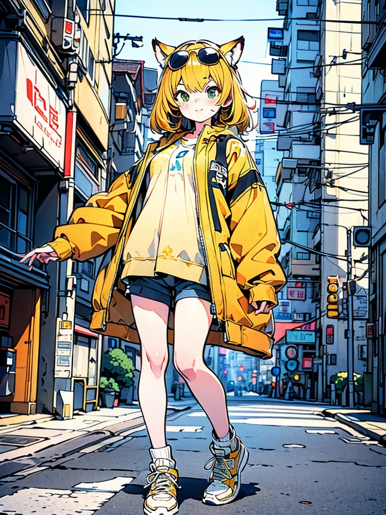 Masterpiece, 1girl, solo, (best quality,4k,8k,highres,masterpiece:1.2), ultra-detailed, Skinny fox girl, (yellow sunglasses, green jacket, black shorts, yellow sneakers, orange hair, fox tail), ((detailed clothes, detailed fur texture, intricate detail, highly detailed, fine details best quality, hyperdetailed face)), cyberpunk, city background, ((detailed background, , bright color tones, digital art, beautiful lighting))