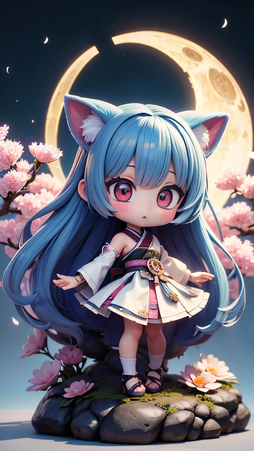 (masterpiece, 最high quality, 最high quality, Official Art, beautifully、aesthetic:1.2), (Chibi Character:1.3、2:2:1.3), Very detailed,colorful,Most detailed,night、深night、Degrees of Freedom:1.8、Anatomically correct、(Dynamic pose), , (Shiny skin), (Many colors:1.4), beautiful、Japanese、Scientist、White、Super big breasts:1.99、Small waist:1.3、High resolution、high quality、high resolution、Realistic、realism、Photorealistic、Realistic textured face and body、Perfect Anatomy、beautiful、Rainbow Hair、realism、Realistic、Photorealistic、Raw photo、超A high resolution 、SLR、Octane Rendering、dynamicポーズ、Dynamic Action、Heavy makeup、dynamic、Dynamic Action、Detailed Background、shrine、moon、cherry blossoms、
