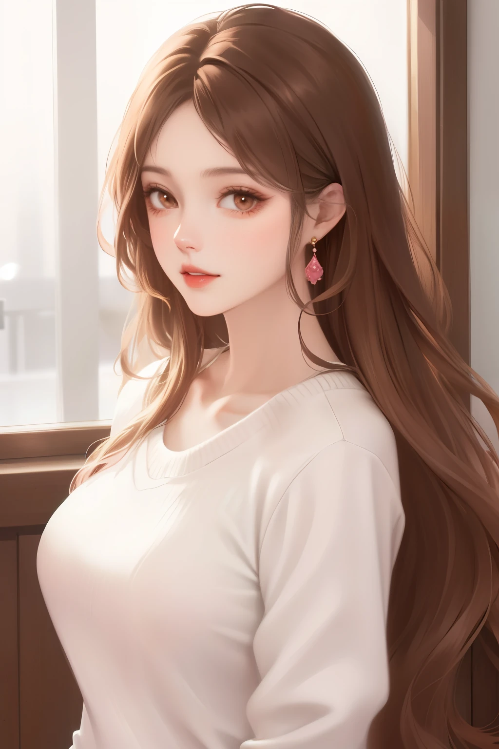 Girl, long straight brown hair, brown eyes, sharp features, white skin, bright pink lips, beautiful, sweater