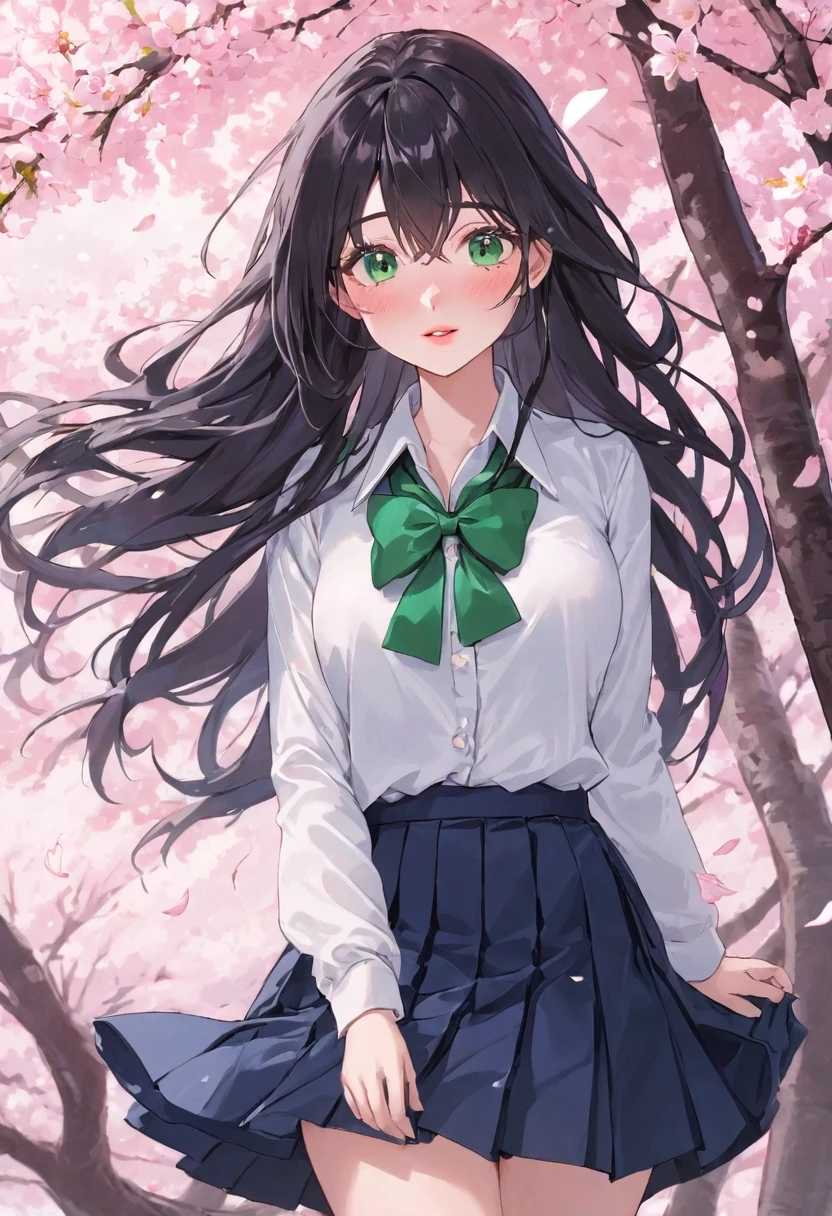 A stunningly beautiful anime girl with long, flowing raven hair cascading down her back. Her large, captivating eyes are a vibrant shade of emerald green, framed by long, lashes that seem to beg for attention. She has a , yet curvy figure that is accentuated by her fitted, yet modest . The top of the uniform is a crisp, white button-up blouse with a matching bowtie at the collar, while the bottom is a pleated, navy blue skirt that falls just above her knees. Her skin is flawless, with a healthy glow that radiates from within. Standing in front of a scenic backdrop of cherry blossom trees in full bloom, the girl exudes an aura of serenity and elegance. The image captures her every detail, from the delicate freckles scattered across her nose to the playful twinkle in her eyes. The color palette of the image is soft and pastel, with the vibrant pink and white of the cherry blossoms contrasting beautifully against the navy blue of her uniform and the deep green of the tree trunks. The girl herself seems to be lost in thought as she gazes off into the distance, her lips forming a soft, gentle smile.