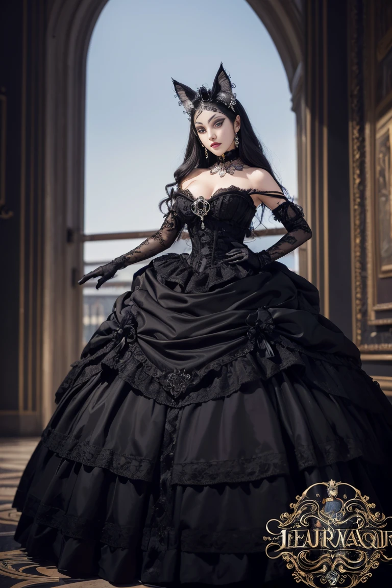 Black cat motif、Black and silver tones、Vibrant colors、((masterpiece)))、(((top-quality)))、((ultra-detailliert))、(A hyper-realistic)、(highly detailed CGillustration)、Official art、Rome in the late 19th century、Decadent、Madame Chat Noir、Masquerade、Elegance、Masks that cover most of the face、Colorful and detailed mask design、matchless beauty、Fans、Female Solo、gorgeous dress、jewely、Perfect Angle、rightward、perfect-composition、full body Esbian