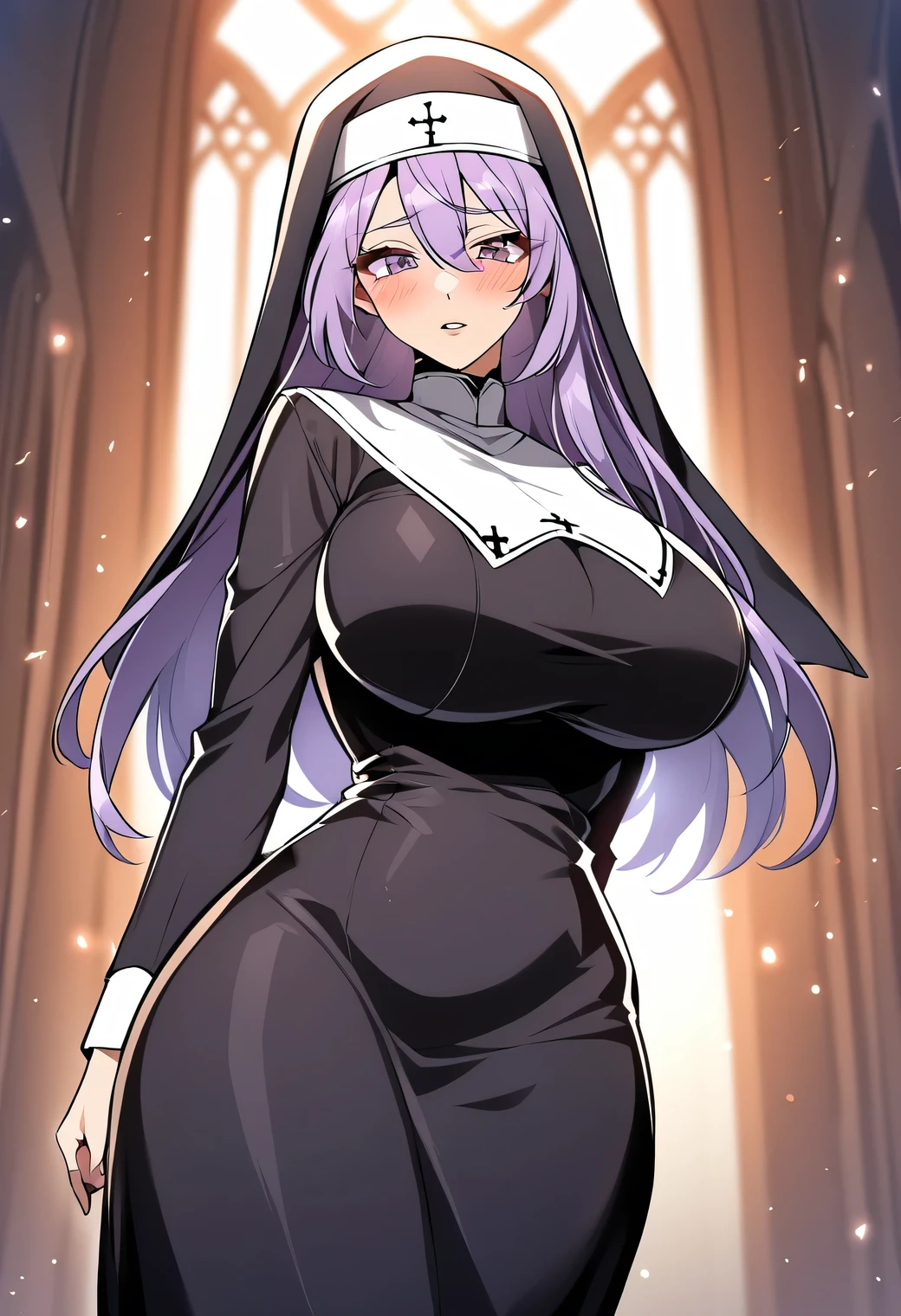 (fantasy-style:1.25), nun, 1girl, solo, long hair, looking at viewer, blush, large breasts, long sleeves, dress, hair between eyes, standing, purple eyes, purple hair, parted lips, mole, black dress, mole under mouth,  habit,