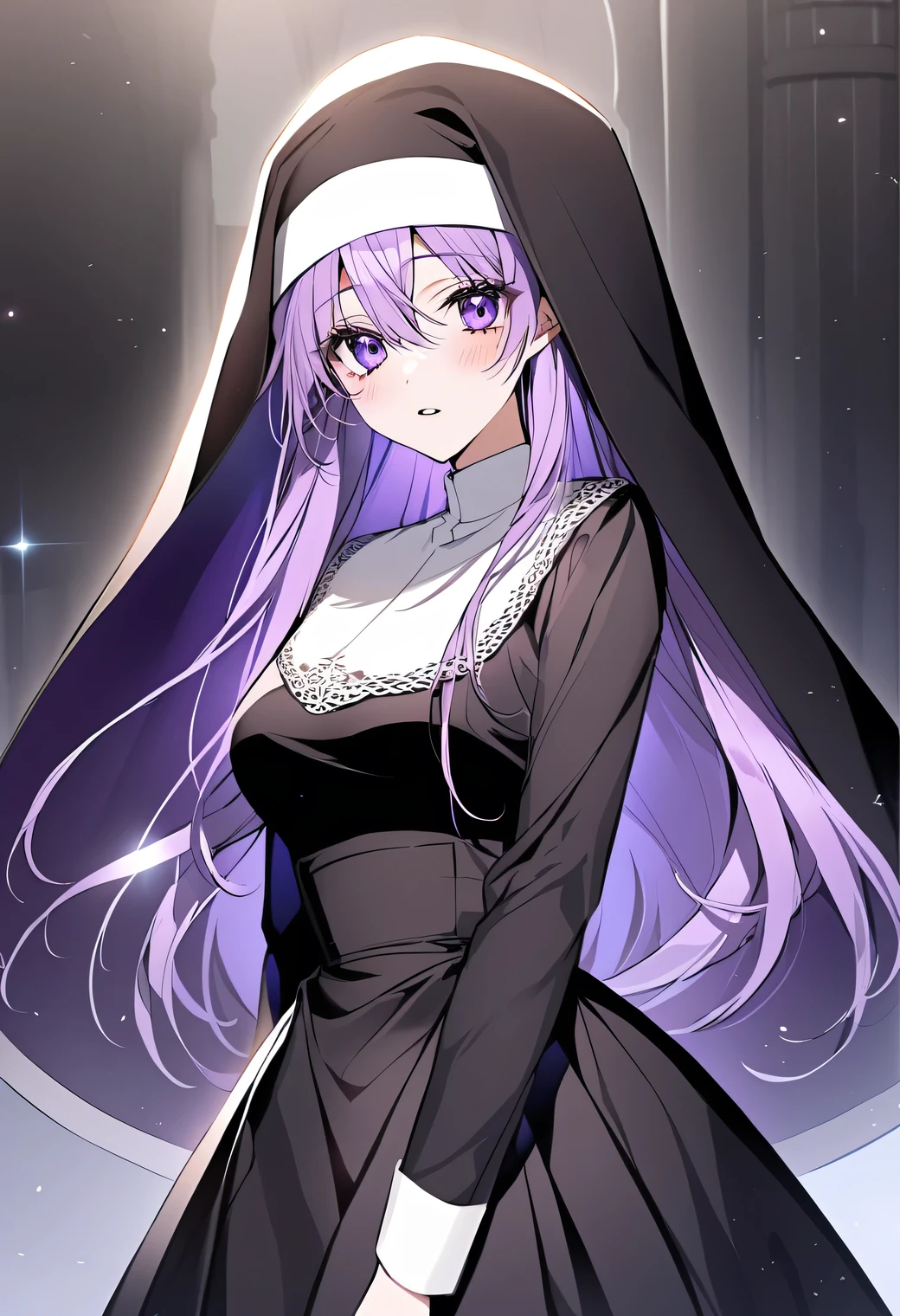 (shoujo-style:1.25), nun, 1girl, solo, long hair, looking at viewer, blush, medium breasts, long sleeves, dress, hair between eyes, standing, purple eyes, purple hair, parted lips, black dress, mole under mouth, habit, lace,