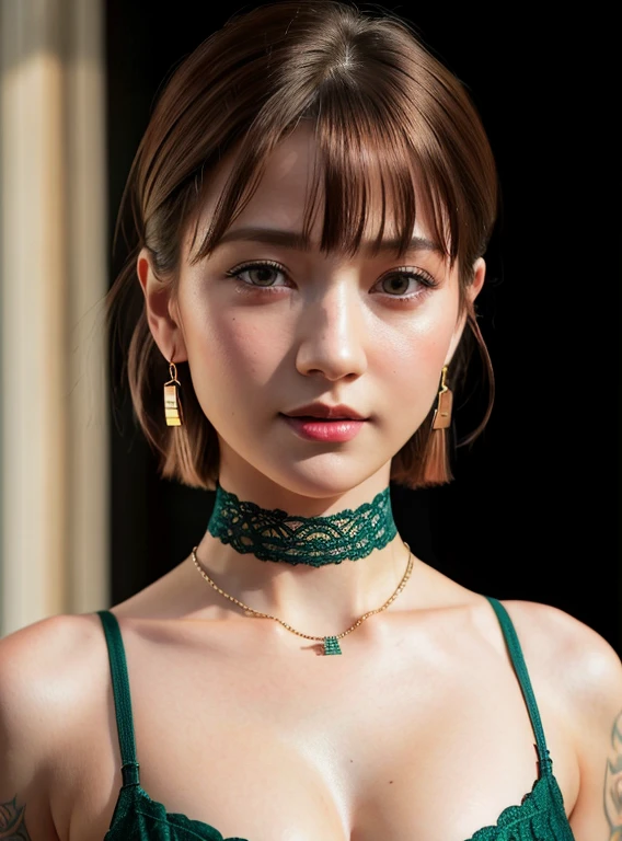 (8k, best quality, masterpiece:1.2), (realistic, photo-realistic:1.37), best quality, masterpiece, unity, an extremely delicate and beautiful, extremely detailed, Amazing, finely detail, masterpiece, best quality, official art, absurdres, incredibly absurdres, huge filesize, ultra-detailed, highres, extremely detailed, beautiful detailed girl, extremely detailed eyes and face, beautiful detailed eyes, light on face, nose blush, ((1girl)), blue eyes, green eyes, red lips, eye_makeup, short hair, bob_cut, (full_body_1.3), necklace, earrings, medium breasts, cleavage, lace_rims, tattoo, choker, slim_waist, ((firm_abs)), shiny skin, outdoor, professional lighting, detailed shadow, sharp_focus, supermodels, smiling, posing, rim lighting,,,