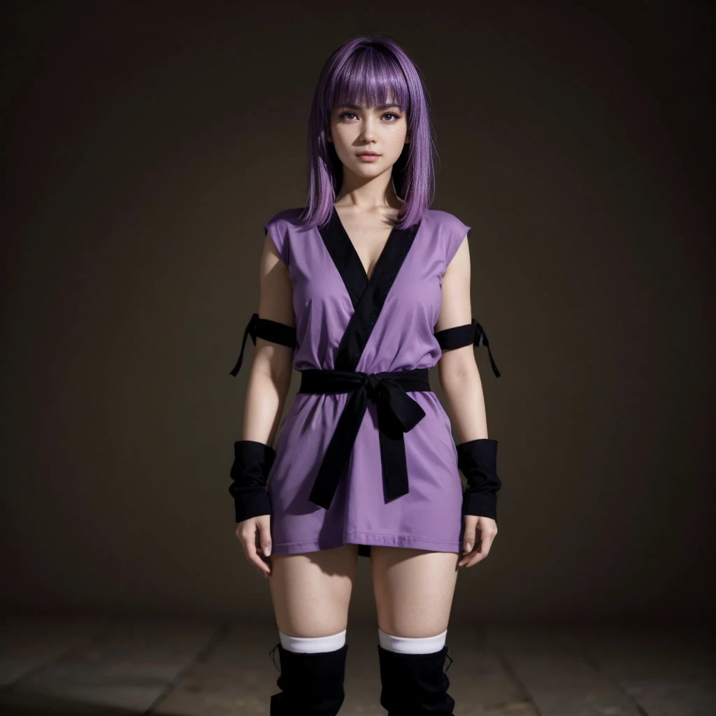 Ayane, cabelo roxo, (melhor qualidade, ultra-detalhado), (realista:1.37), rosto lindo e detalhado, ultra-realista texture, rosto delicado, corpo delicado, batom vermelho, cores brilhantes. High definition, 8K, pernas bem definidas