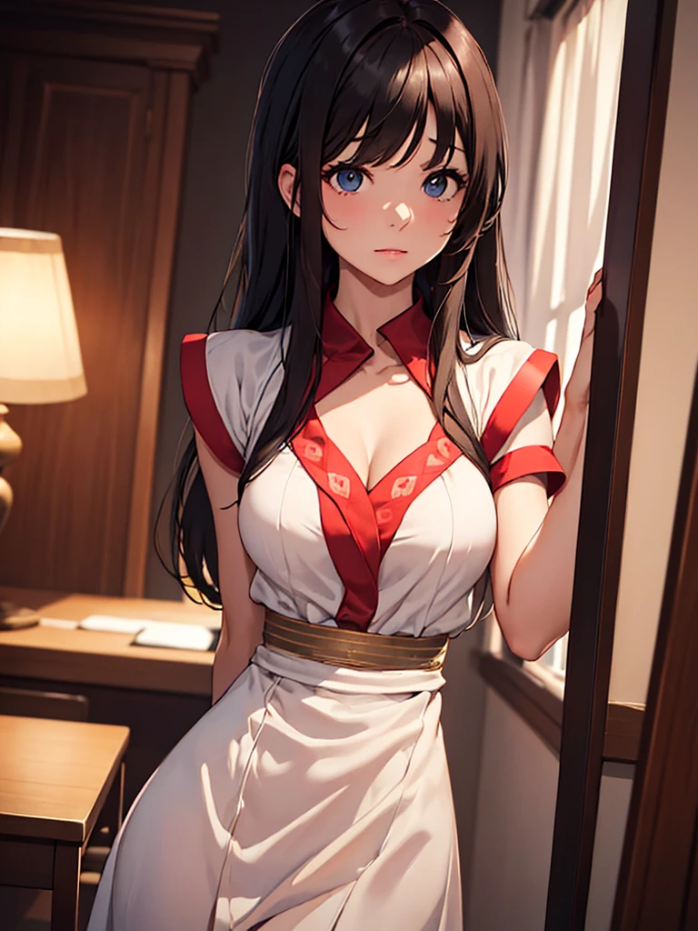 (masterpiece、top-quality、hight resolution), We capture a woman who has just been discovered to be a call girl by a man she is familiar with. Despite the awkward situation, she tries to remain calm and professional. She speaks with a mixture of resignation and determination." Treat me like any other call girl. Thank you for choosing me. Let's have sex in a pleasant way." The setting is a dimly lit room, and the focus is on her efforts to maintain her demeanor as a sex worker, even though she is nervous in her call girl attire.