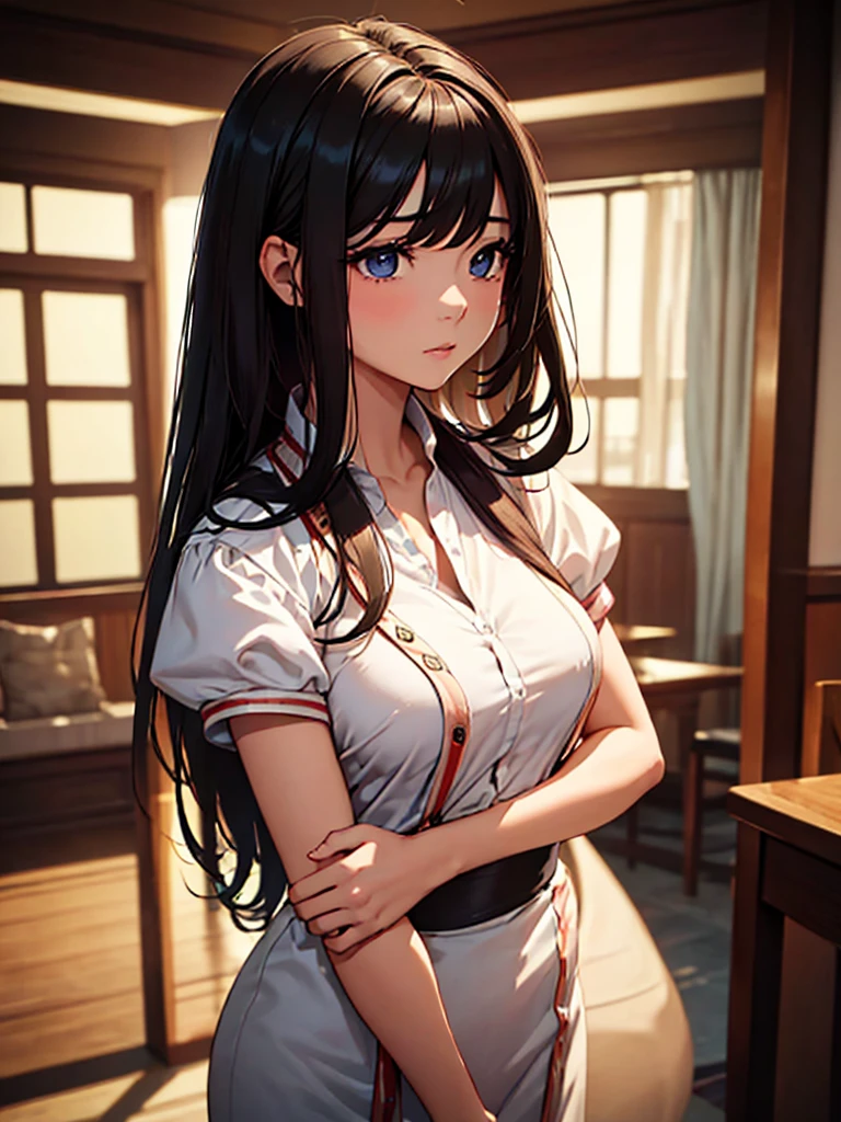(masterpiece、top-quality、hight resolution、Unity 8k、extremely details CG:1,Best Picture), A woman who reluctantly accept prostitution. Her face shows a mixture of resignation and discomfort. There is a sense of defeat in her eyes, her mouth is tightly shut and she seems to be stifling her inner feelings. Her posture shows her unwillingness. This is a situation where she reluctantly accepts her job as a prostitute. The film captures her complex emotions, and portrays her inner conflict and realisation of the path she is forced to take from a perspective that emphasises her inner conflict and realisation. dirty talk, bouncing breasts, metal cuffs, chained, red ribbon, hair band