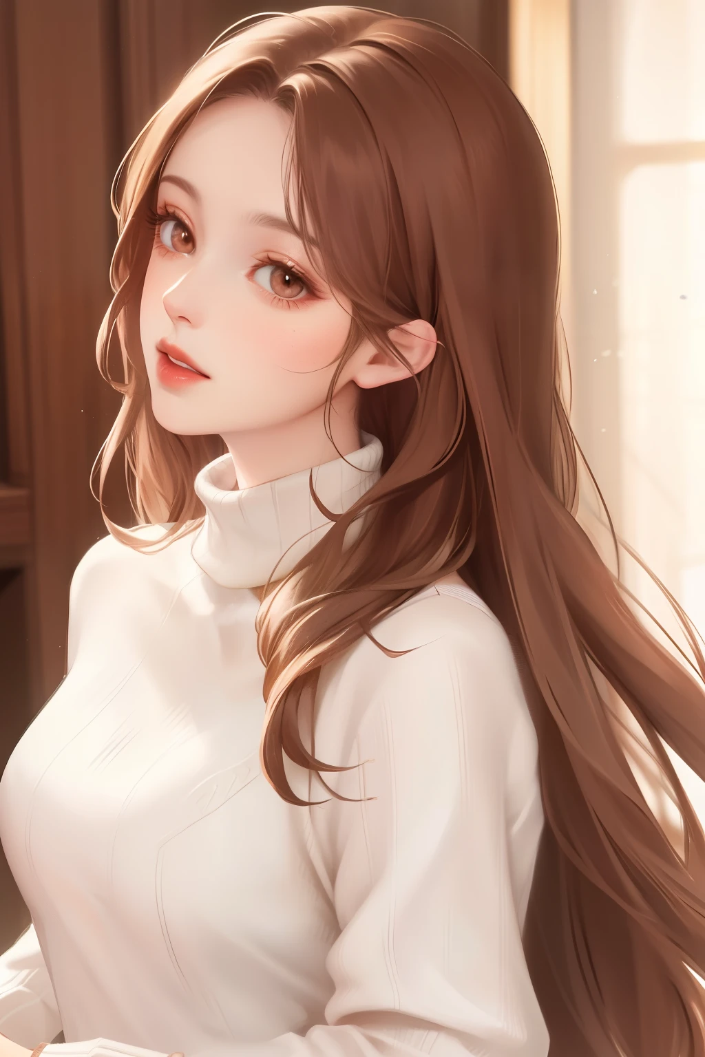 Girl, long straight brown hair, brown eyes, sharp features, white skin, bright pink lips, beautiful, sweater