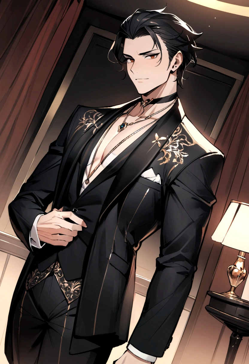 bad,solo,8k,Highest quality,masterpiece, Handsome face,More about pubic hair,Dynamic Angle,gentleman、Luxurious robes,Choker Necklace,Black wavy short hair,Wear a suit