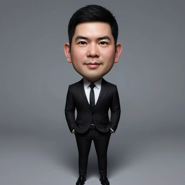 Real realistic 4D caricature photo, big head, full body, Adult man with Asian face, 40 years old, clean face, round face,slightly stocky body, short buzzcut black hair,wearing a formal black suit, white shirt, black tie, formal black trousers, formal black shoes, standing pose while facing the front gray background
