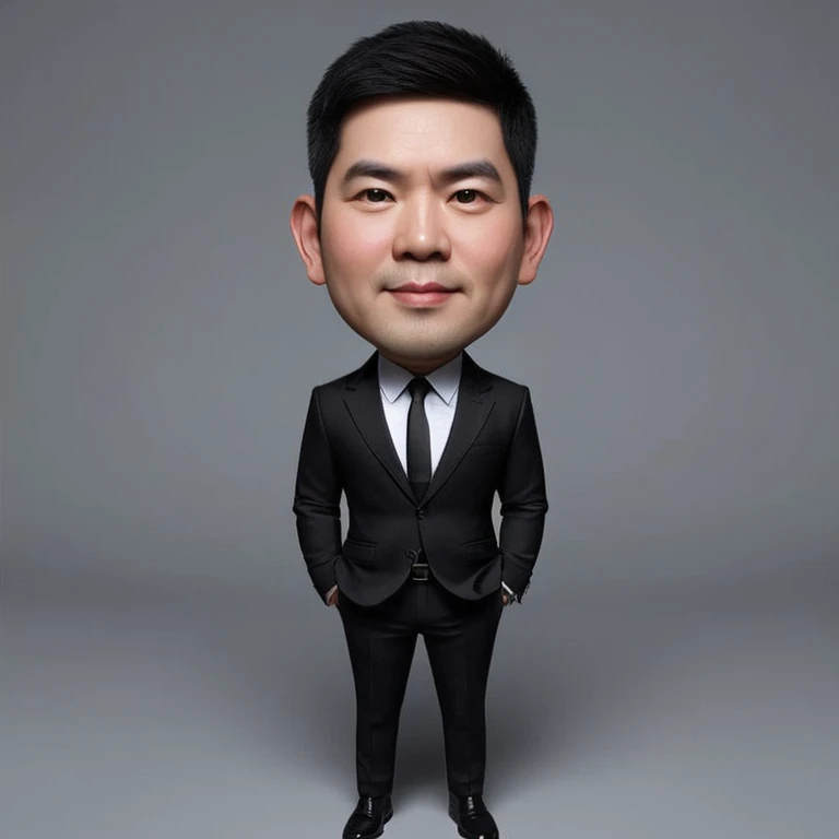 Real realistic 4D caricature photo, big head, full body, Adult man with Asian face, 40 years old, clean face, round face,slightly stocky body, short buzzcut black hair,wearing a formal black suit, white shirt, black tie, formal black trousers, formal black shoes, standing pose while facing the front gray background