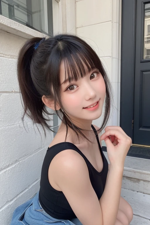 One Girl, (beautiful girl, Delicate girl:1.3), (:1.3), break, Exceptional clarity, (Symmetrical eyes:1.3), break, (Street Snap:1.3), perfectly trimmed fingers, break, Large Breasts, Brown eyes, Parted bangs, Brown Hair, break, (Eye and facial details:1.0), break, (masterpiece, Highest quality, Very detailed, Detailed face, 8k)、Highest quality、Beautiful woman、She is wearing a sleeveless black top and a drawstring skirt.、A shy smile、Solar Illumination、Long Hair、Browsing Caution、ponytail、Adult、Black hair tie、Angle at which the hair tie can be seen、Long Hair