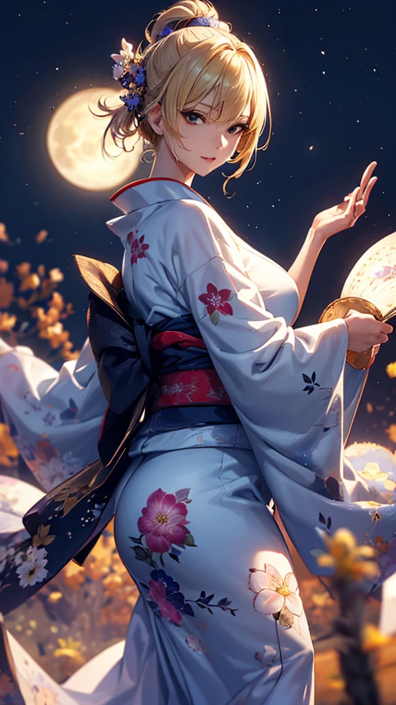 masterpiece, high quality, 4K, Beautiful design, silhouette,blonde, 非常に詳細な夜のStarry Sky,Flower Field, wonderful, Finer details, Very knowledgeable woman, Highly detailed solo, 1 female,,Big Ass,UnderweLine,Yukata in white color,Night view,Starry Sky,full moon,