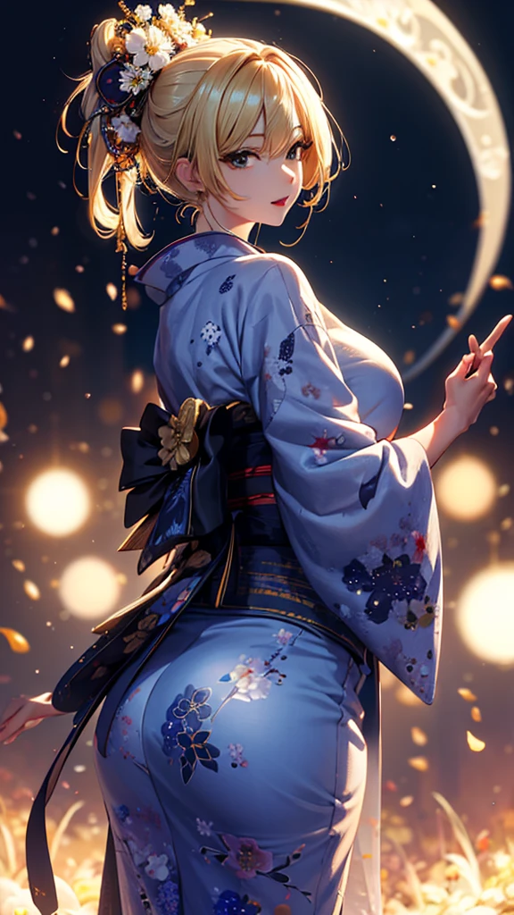 masterpiece, high quality, 4K, Beautiful design, silhouette,blonde, 非常に詳細な夜のStarry Sky,Flower Field, wonderful, Finer details, Very knowledgeable woman, Highly detailed solo, 1 female,Big Breasts,Big Ass,Underwear Line,Yukata in white color,Night view,Starry Sky,full moon,