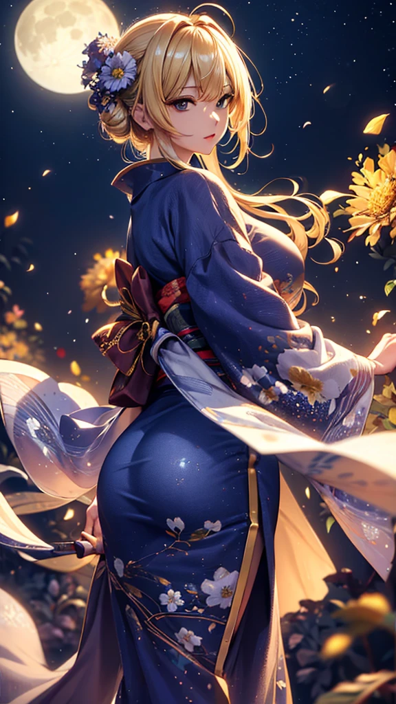 masterpiece, high quality, 4K, Beautiful design, silhouette，blonde， 非常に詳細な夜のStarry Sky,Flower Field， wonderful, Finer details,  Very knowledgeable woman, Highly detailed solo, 1 female,Big Breasts，Big Ass，Underwear Line，Sportswear，Night view，Starry Sky，full moon，