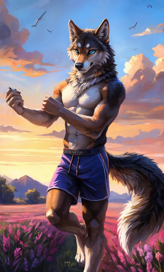 ((Solo)), male people, anthro wolf, (Multi-colored fur, White-brown:1.3，White tail pointed), (Height 2.1m,Tail length 1.2m), ((Wolf face, Big eyes, White eyelids, Blue pupil, Slim:1.2) (Tough, Calm expression:1.2)), Abs, Slim, pinging)), (Correct anatomy), (Work shorts:1.1), The upper body  naked, (detailed outfits),A long big tail，Feet，(Realistic fur, Detailed fur texture, labeled:1.3)), (Natural lighting), Photorealistic, Hyperrealistic, ultradetailed, by Kenket，In a sea of flowers，erect through，Running on