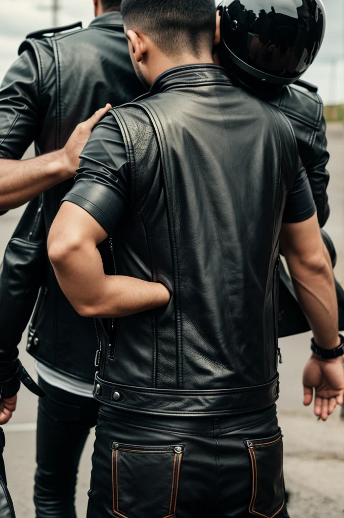 Man from behind showing his black leather biker vest on top of a motorcycle shaking hands with his little son who is also on his back with black leather vest
