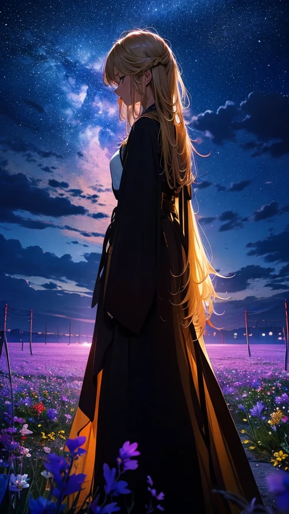 1people々々々々々々々々々,Blonde long-haired woman,Long coat, Dress Silhouette, Rear View,Space Sky, Flower Field,Colorful flowers