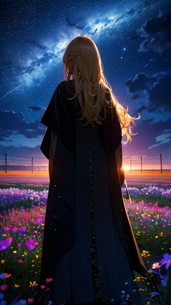 1people々々々々々々々々々,Blonde long-haired woman,Long coat, Dress Silhouette, Rear View,Space Sky, Flower Field,Colorful flowers