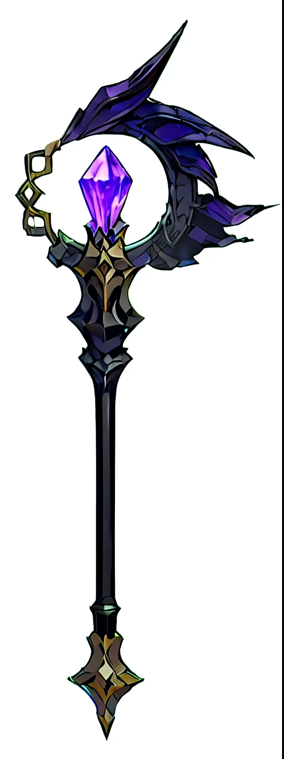 There is a purple crystal on it, Dragon Staff, Intricate Fantasy Staff, bone Scepter, Fantasy weapons, Dwarven weapons, skull cane, Staff weapons, Weapon concept art, Bloodborne concept art, long、dark、Tattered Umbra, , Scepter, White background