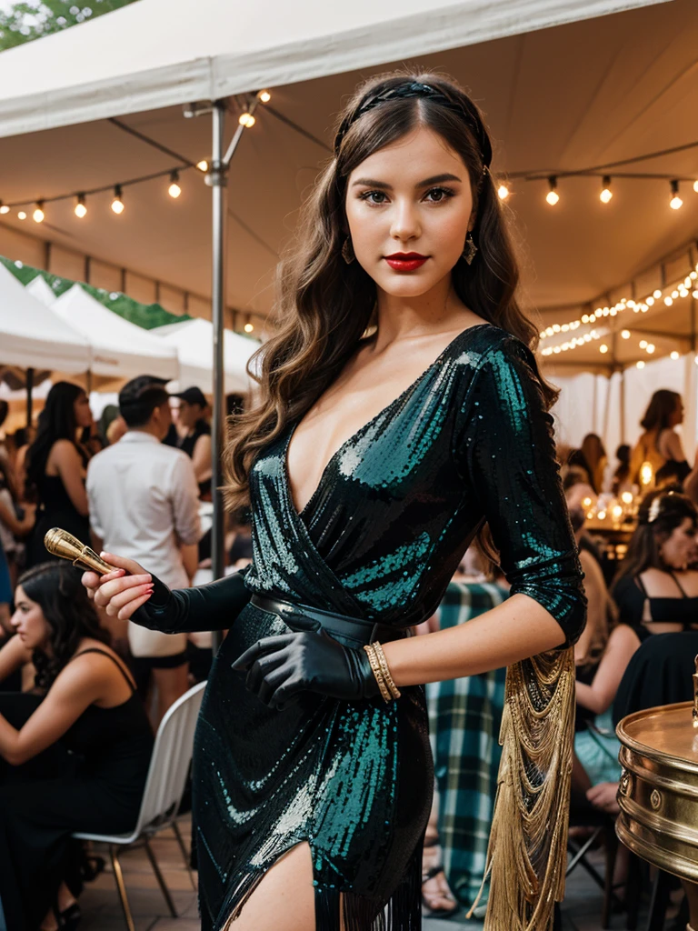 A 25-year-old woman, wear a 1920 tassel sequione emerald flapper dress, adorned with sequins and fringe, event on Governors Island, where attendees dress in period attire and enjoy live jazz music, dancing, vintage cars, and prohibition-era cocktails. It’s a nostalgic celebration of the Jazz Age, attracting fans of history and vintage culture, the event is outside, Her hair Marcel Waves: Long hair styled into deep, glossy waves using a heated curling iron. This elegant style was popularized by celebrities and remained in vogue for formal occasions, complete with a feathered headband. She holds a vintage clutch in one hand, her bold red lips reflecting the ambient glow of the art deco surroundings