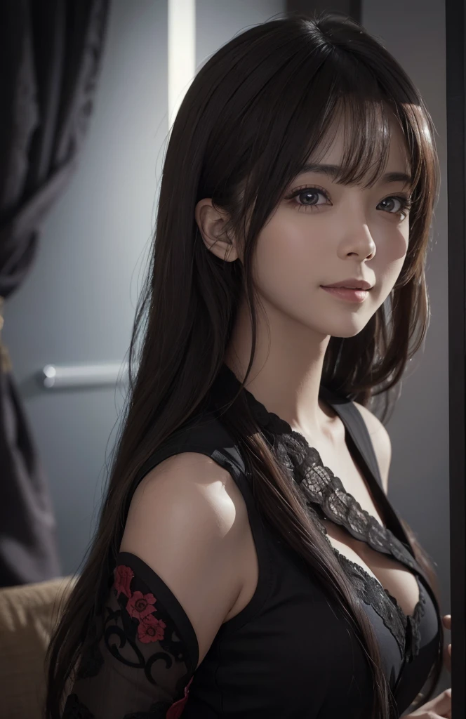 (Ultra Realistic), (Illustration), (Increased Resolution), (8K), (Extremely Detailed), (Best Illustration), (Beautiful and Detailed Eyes), (Best Quality), (Ultra Detailed), (Masterpiece ), ( wallpaper), (detailed face), solo, 1 girl, looking at viewer, fine details, detailed face, in the dark, deep shadows, low key, pureerosfaceace_v1, smiling, long hair, black shawl straight hair , 46 points oblique bangs