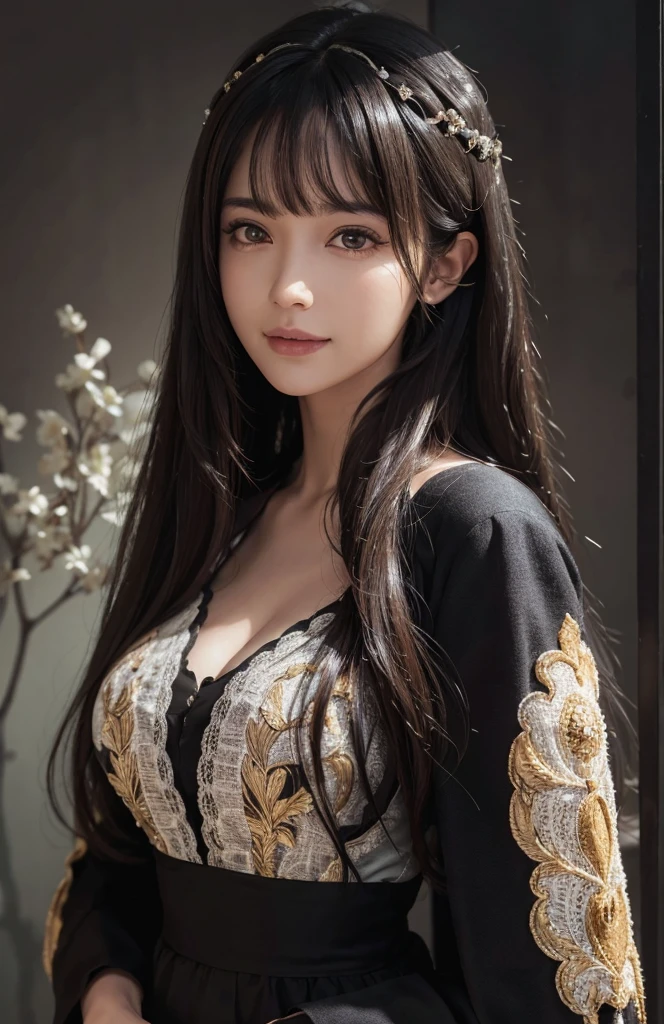 (Ultra Realistic), (Illustration), (Increased Resolution), (8K), (Extremely Detailed), (Best Illustration), (Beautiful and Detailed Eyes), (Best Quality), (Ultra Detailed), (Masterpiece ), ( wallpaper), (detailed face), solo, 1 girl, looking at viewer, fine details, detailed face, in the dark, deep shadows, low key, pureerosfaceace_v1, smiling, long hair, black shawl straight hair , 46 points oblique bangs