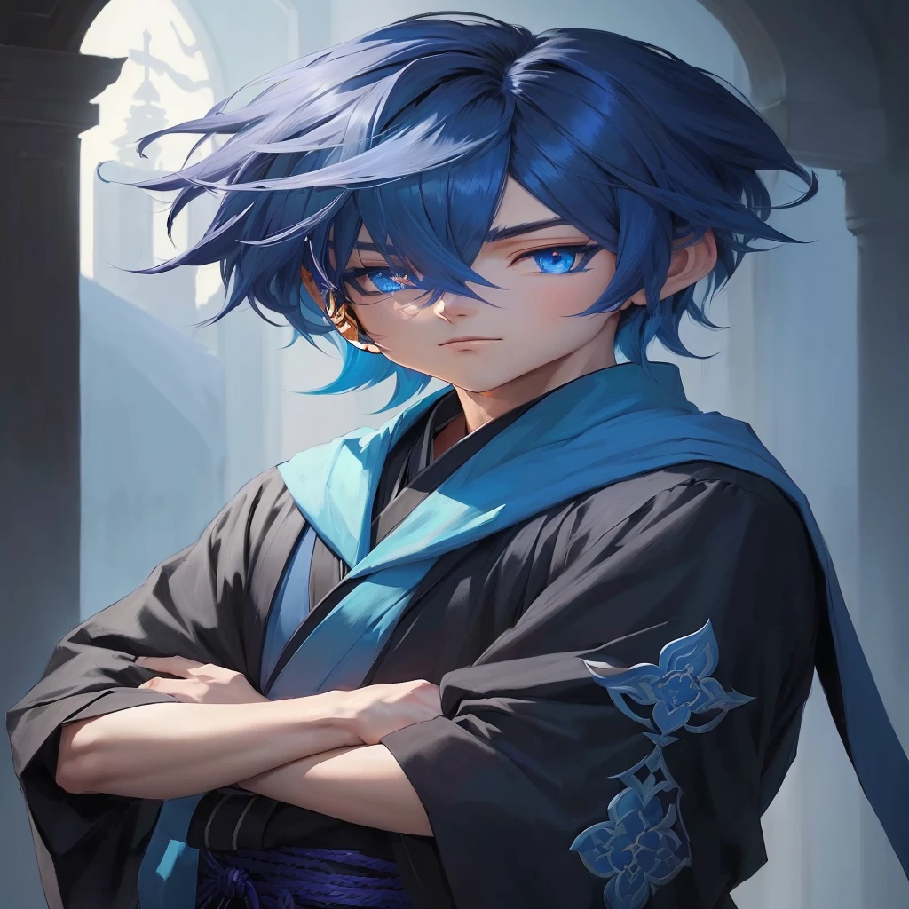 anime character with blue hair and blue eyes standing in front of a building, keqing do impacto genshin, anime, cara de anime alto com olhos azuis, jovem anime homem, estilo de arte anime moe, estilo anime 2d, zhongli do impacto genshin, cute japanese demon boy, handsome guy in demon slayer art, estilo de arte de anime de alta qualidade rosto serio