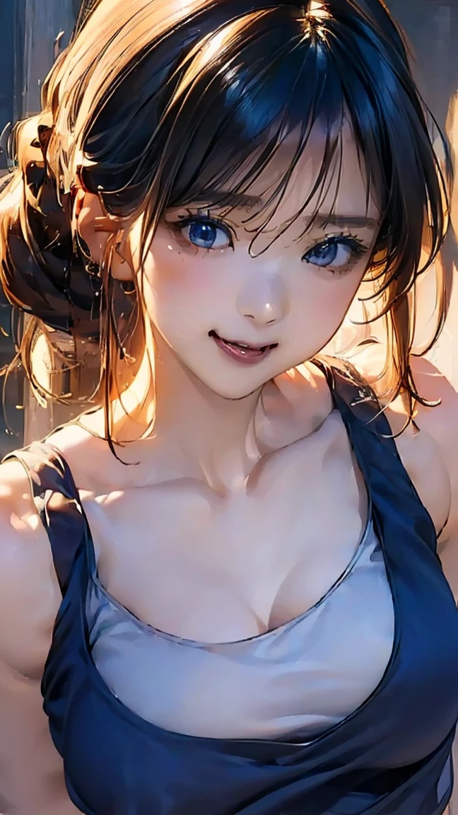 (masterpiece:1.3), (8k, Photorealistic, Raw photo, Best image quality: 1.4), (Random Hairstyles:1.2)、Cleavage:1.2、Super detailed face、Attention to detail、double eyelid、Put your chest together、Sharp focus:1.2、Beautiful woman:1.4、Light brown hair、highest quality、masterpiece、超A high resolution、(Photorealistic:1.4)、Highly detailed and professionally lit smile、(((Tank Top One Shoulder:1.5,cotton fabrics )))、thin、Serious expression、Deadly position,(huge breasts:1.3),((Navel)),