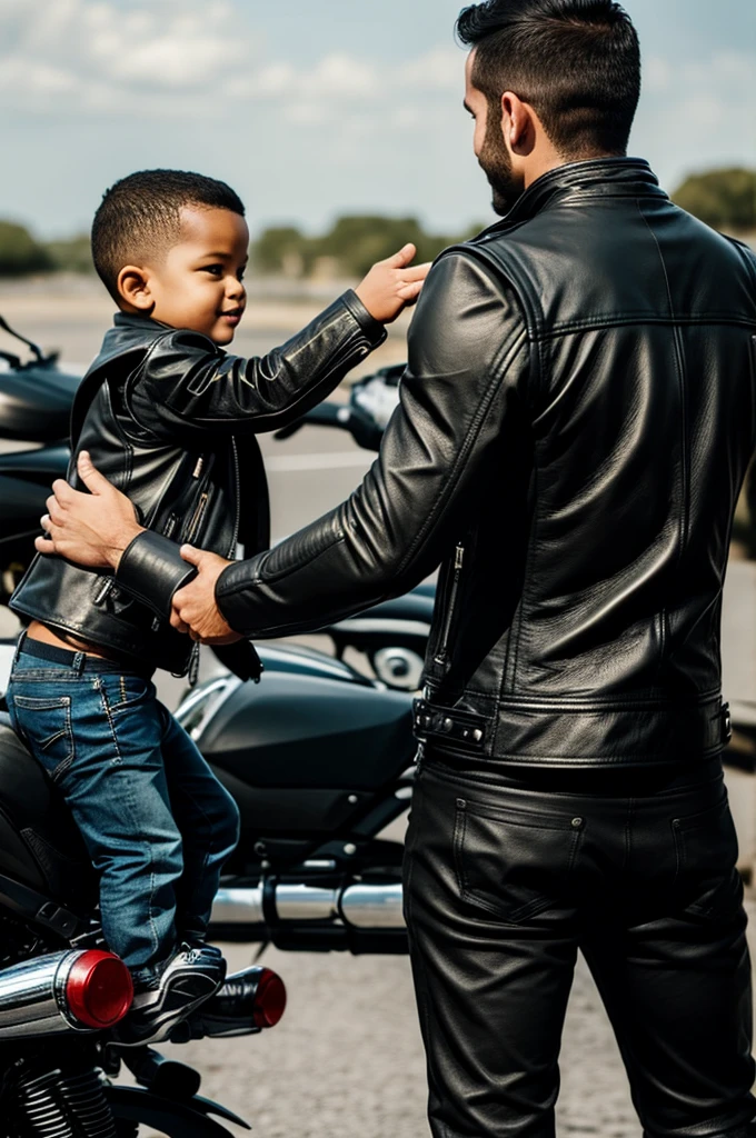 Man from behind showing his black leather biker vest on top of a motorcycle shaking hands with his son who is also on his back with black leather vest