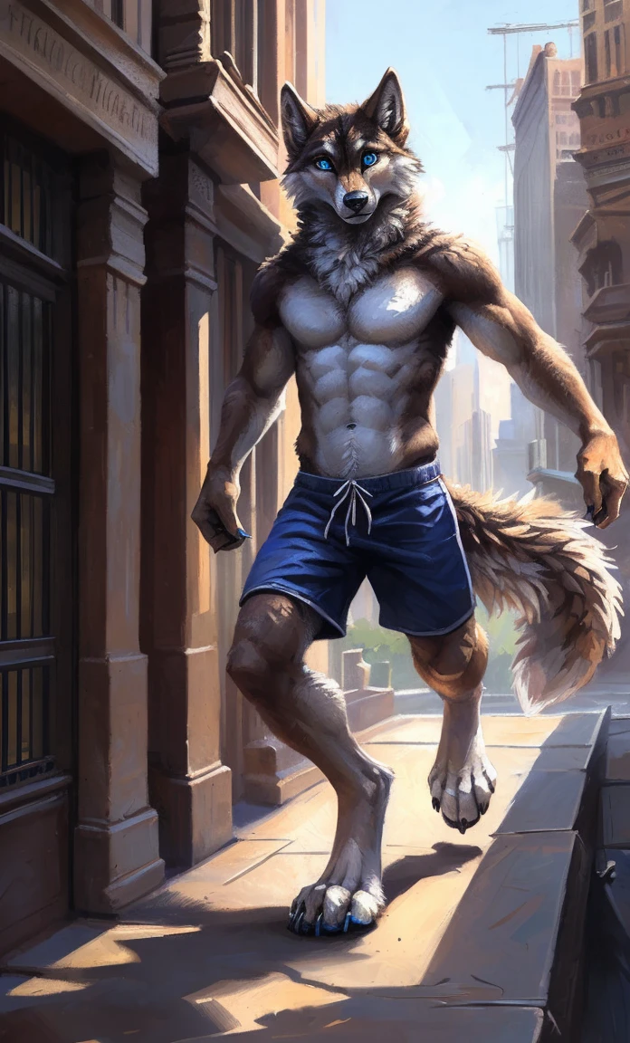 ((Solo)), male people, anthro wolf, (Multi-colored fur, White-brown:1.3,White tail pointed), (Height 2.1m,Tail length 1.2m), ((Wolf face, Big eyes, White eyelids, Blue pupil, Slim:1.2) (Tough, Calm expression:1.2)), Abs, Slim, pinging)), (Correct anatomy), (Work shorts:1.1), The upper body naked, (detailed outfits),A long big tail,Feet,(Realistic fur, Detailed fur texture, labeled:1.3)), (Natural lighting), Photorealistic, Hyperrealistic, ultradetailed, by Kenket,Modern city,erect through,Running on