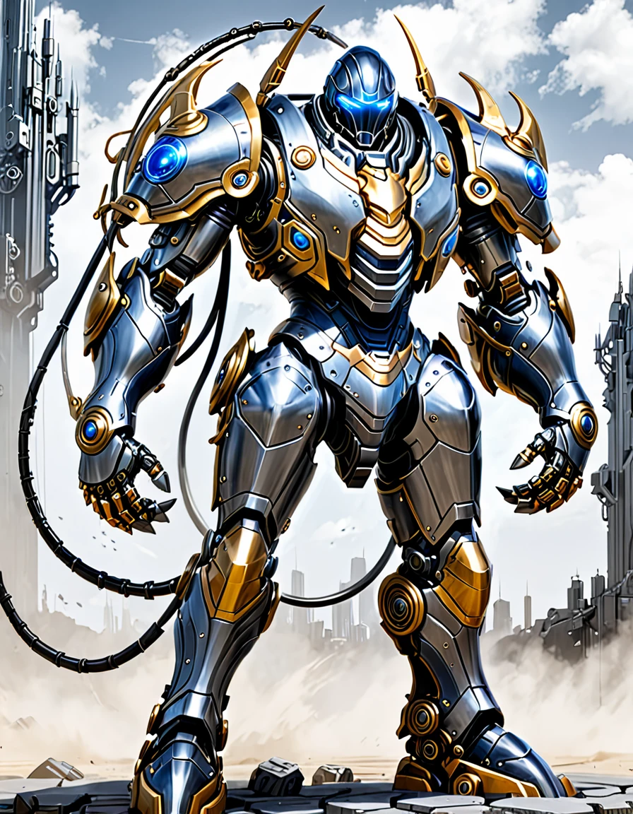 A garota de longos cabelos castanhos e loiros, wears a simple battle suit and has huge mechanical arms and leg armor.. Vestindo um traje de batalha escuro e justo, his hands are covered by huge mechanical arms, and its legs are also equipped with complex and detailed mechanical armor. Monochrome background presents a futuristic feel.
