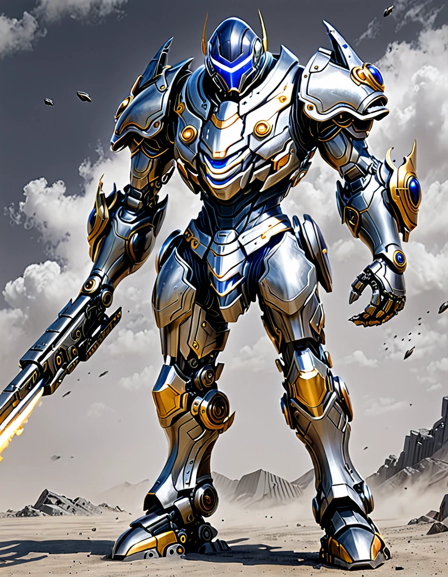 A garota de longos cabelos castanhos e loiros, wears a simple battle suit and has huge mechanical arms and leg armor.. Vestindo um traje de batalha escuro e justo, his hands are covered by huge mechanical arms, and its legs are also equipped with complex and detailed mechanical armor. Monochrome background presents a futuristic feel.
