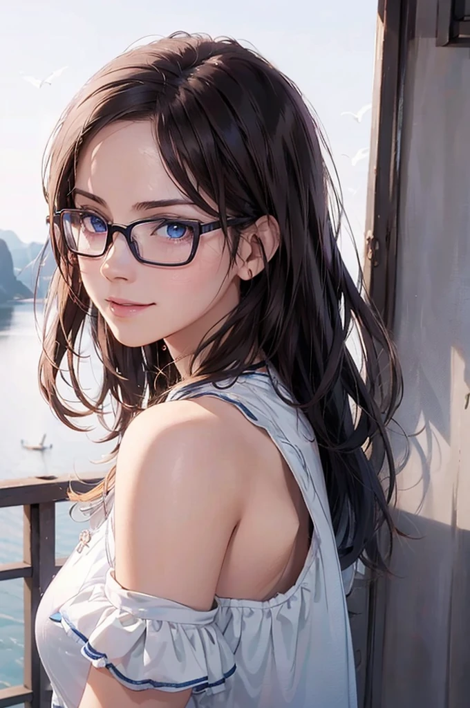 (best quality,4k,8k,highres,masterpiece:1.2),ultra-detailed,(realistic,photorealistic,photo-realistic:1.37), 1girl,rounded glasses,big glasses,beautiful detailed eyes, deep v cleavage, beautiful detailed lips,extremely detailed eyes and face,smiling,looking at the camera,short messy hair,dark-skinned, rounded eyes,cyan blue shirt,black shorts,close up,magazine shot,dynamic pose,studio lighting,vivid colors,portraits