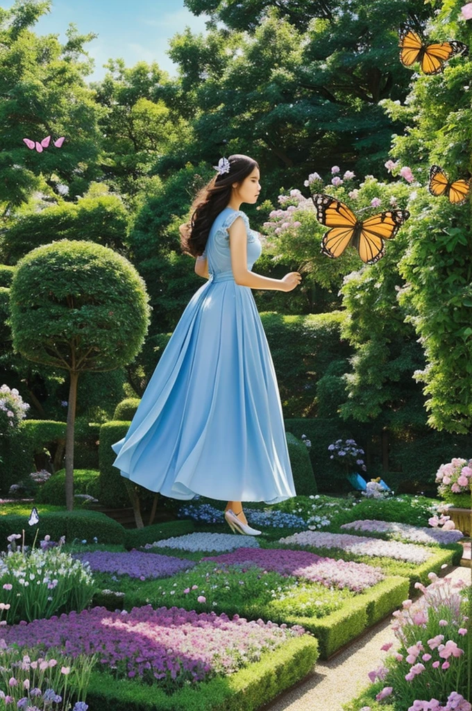 In a beautiful garden,See a princess flying low like a butterfly,Butterflies of various sizes and colors can be seen surrounding the princess,Emphasized this situation。action、space、Form and interweaving。