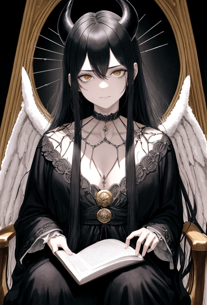 Obra de arte:1.2, melhor qualidade, ultra detalhado, macho, rosto humano com cifres, focado, celestial demon wizard, Jovem, serious, frio, horns on her head and a shining golden halo behind her symbolizing her celestial and demonic duality, two large black wings that combine bright plumes with a dark and threatening appearance, cabelo negro, estilo de kentaro miura, fantasia, SCI-FI, fundo claro, a painting of a man in a black robe sitting in a wheelchair, holding an open ancient magical book, Vista-o com vestes escuras e majestosas com detalhes dourados, cabelo negro, cabelos escuros, anjo demoniaco, plumas negras, asas negras grandes, inspired por Edmundo Blampied, inspired por Nicola Samori, inspirado em Pietro Longhi, por Nicola Samori, por Edmundo Blampied, Direction: Stephen Gammell, Estilo Stephen Gammell, figura sinistra ao fundo, Direction: Leonaert Bramer, Direction: Johann Kaspar Füssli .