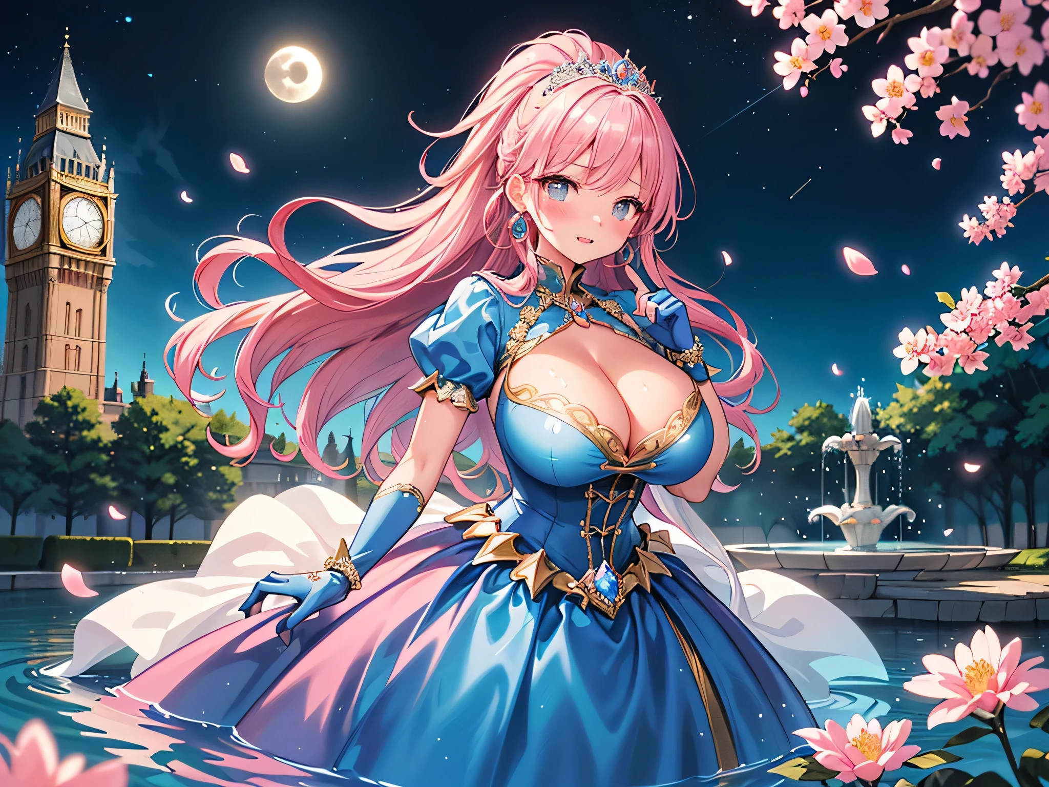 Moe anime art style:1.2 ,Super detailed ,Ultra-fine ,best quality ,very aesthetic ,upper body ,looking up ,from front ,leaning forward ,from above,A young-looking princess ,Beautiful Eyes ,Embarrassed look ,A seductive face ,Beautiful Lips ,(Hair blowing in the wind ,Pink Hair ,Fluffy ponytail ,Curly Hair ,Expressive hair ,Very voluminous long hair ,Sparkling Hair) ,A silver tiara with glittering ornaments and sparkling jewels ,Crystal earrings with glittering gold embellishments ,A very luxurious jeweled hair ornament ,Long veil ,(Intricate and beautiful decoration and studded with luxurious jewels ,A voluminous, full-length pink hoop skirt with gorgeous ruffles ,((crinoline)) ,Long race ,A gorgeous and beautifully embroidered and jeweled Rococo princess ball gown dress.) ,Silk gloves ,Open chest ,Textured skin ,Sweat on the skin ,Emphasized cleavage ,Huge boobs ,Big Breasts ,Nipples ,She is holding up her skirt with her left hand ,The tip of the index finger of the extended right hand is in front of the lower lip. ,(Shining Light ,Fantasy ,Huge clock tower ,Beautiful fountain ,Clear night sky outdoors ,Shining Moon) ,Standing on the surface of the water ,Flowers ,Fluttering petals ,Petals flowing ,
