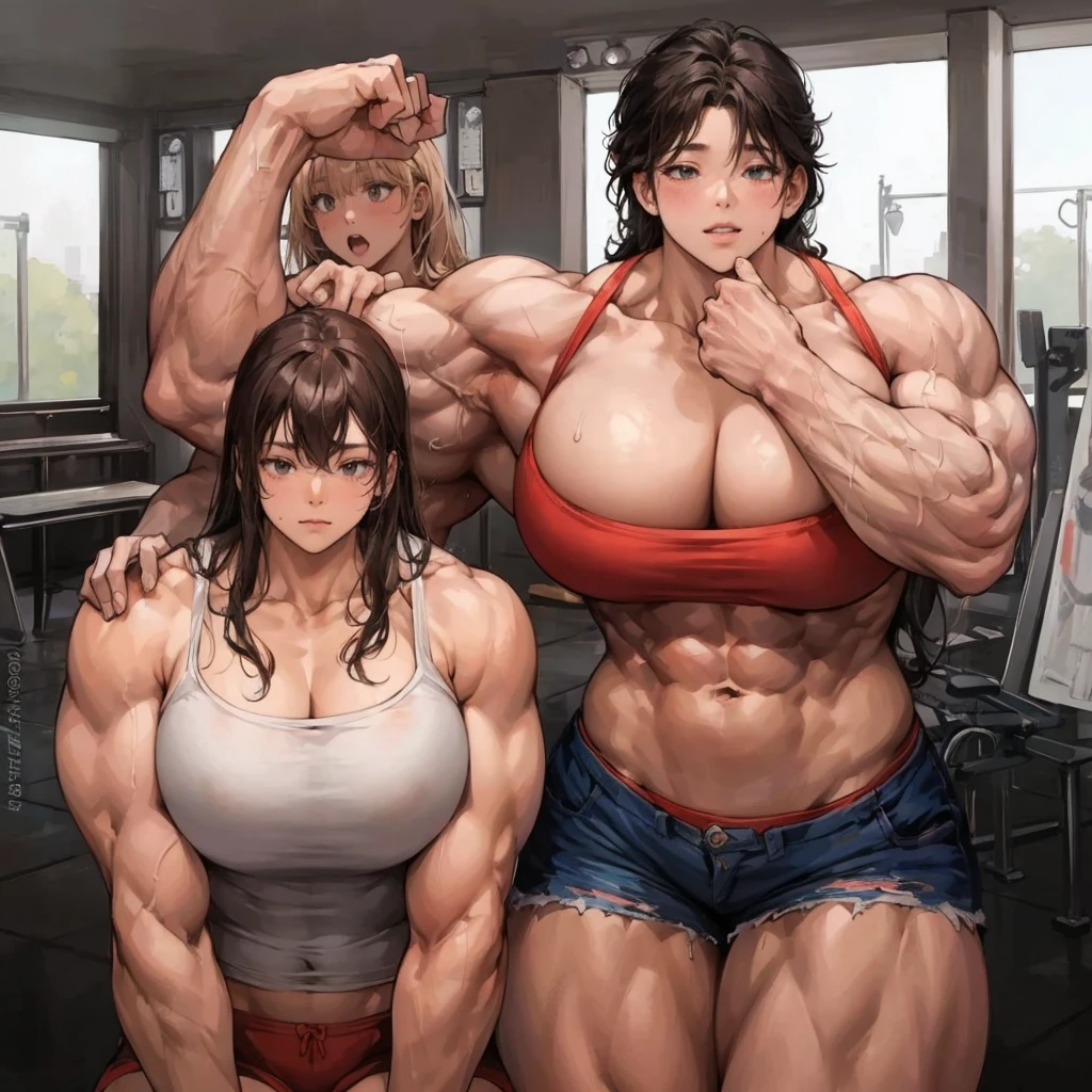 realistic,,( 2girls), torn clothes,muscular ,,,muscular shoulder, thick thighs,disheveled hair, (muscular female,), (alternate muscle size),biceps ,,ripped muscle,gym uniform , hyper muscle ,abs
