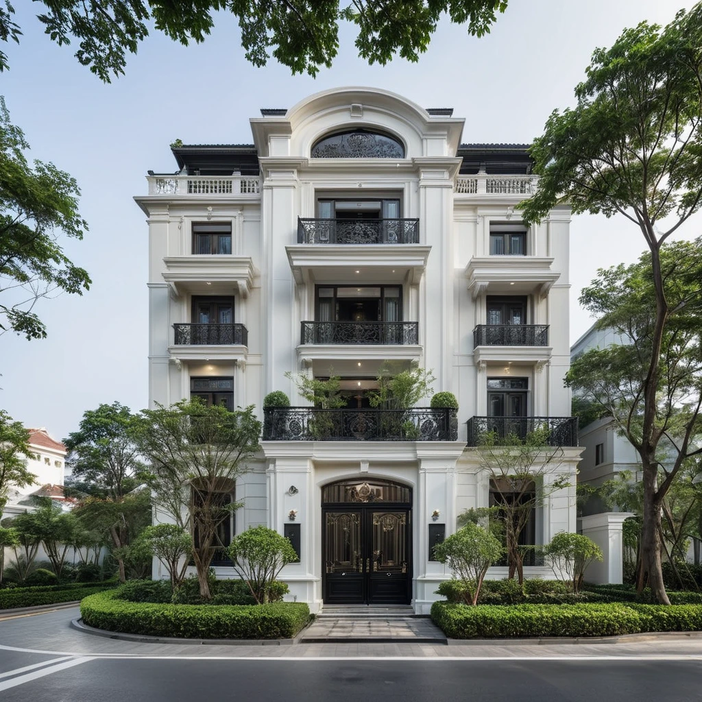 RAW photo,Exterior neo classic house, Inspired by French architecture, neo classic style, black and white, ((Highly detailed sculpted cornices at the tops of columns and walls)), French style roof, townhouse in residential area, The building is located in an urban area of Hanoi Vietnam, mix white and black steel facade, facing the road, (sidewalks), (sidewalk trees), (gate), (ultra realistic), (super high details:1.5), clean white sky, natural lighting, (curvilinear architecture:1.2), (sharpen:1.2), 8k uhd, dslr, soft lighting, high quality, film grain, Fujifilm XT3